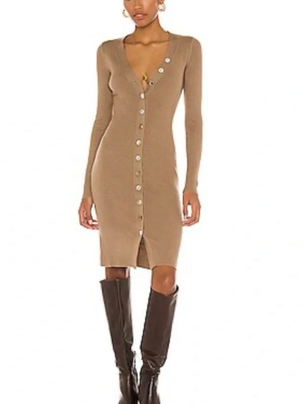 Song of Style Camel Ribbed Button-Front Midi Dress